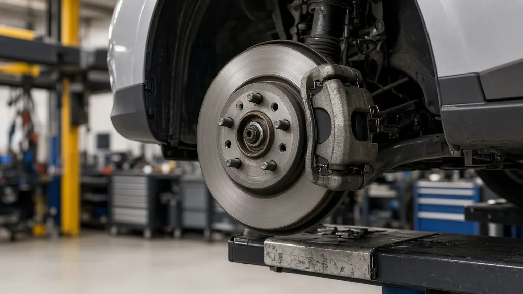 Front wheel removed from a car on a lift in a workshop showing the brake rotor and caliper