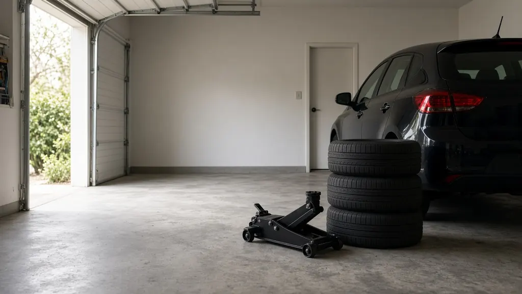 Tidy home garage with a stack of four tires and a floor jack beside a hatchback