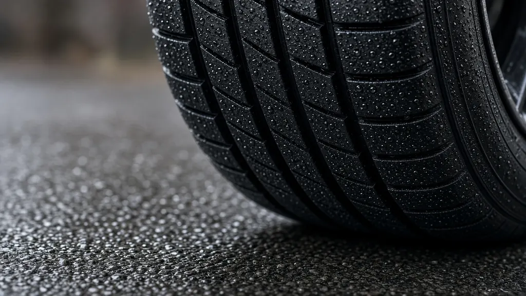 Close up of a new passenger car tire tread covered in rain drops on wet asphalt