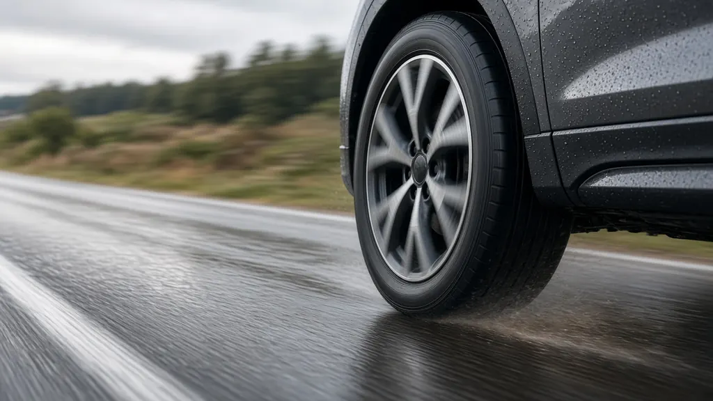 All season tire and alloy wheel of a crossover SUV on a wet country road
