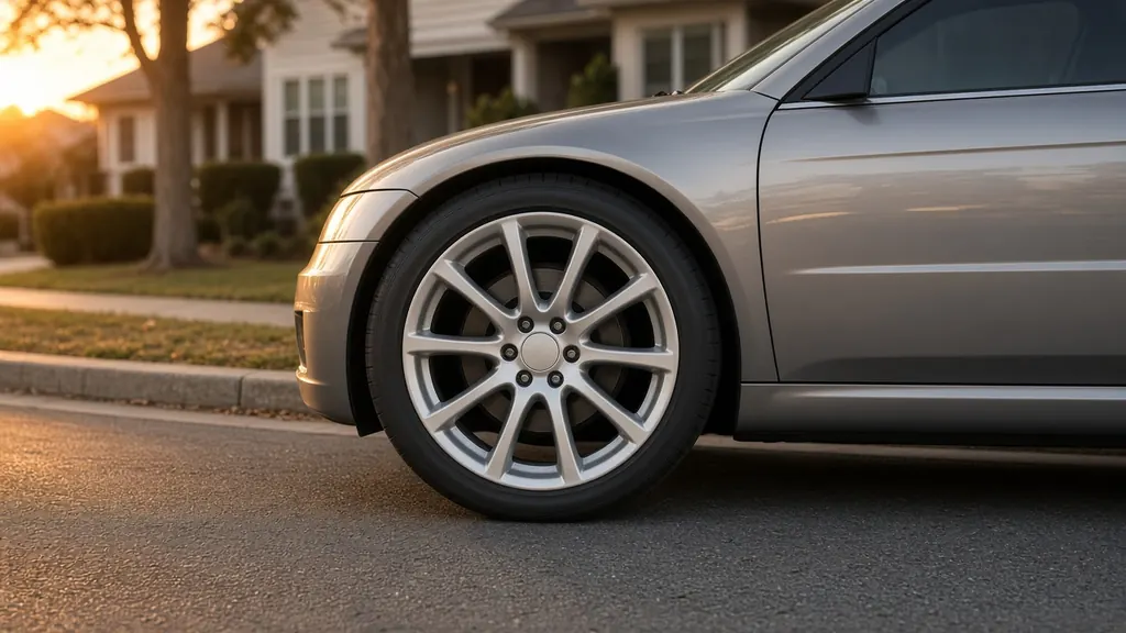 Touring tire and silver alloy wheel on a sedan parked on a suburban street at sunset