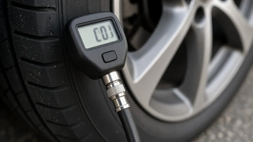 Digital tire pressure gauge connected to the valve stem of a car wheel