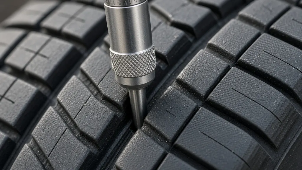 Metal tread depth gauge probe measuring a main groove of a car tire