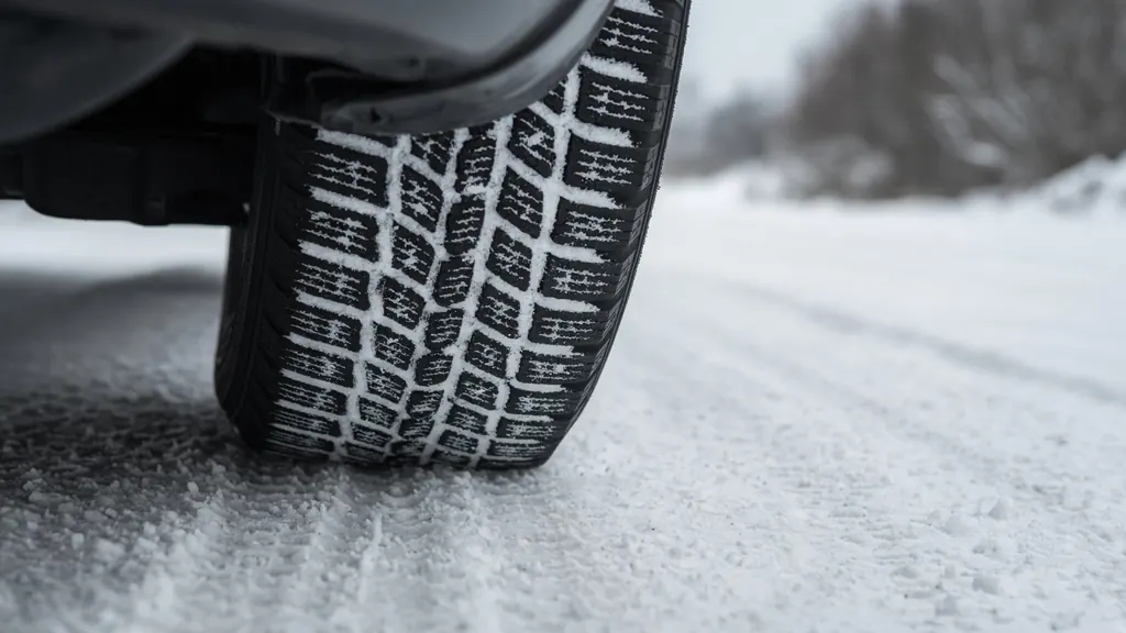 Car winter tire with packed snow in the tread on a snowy road